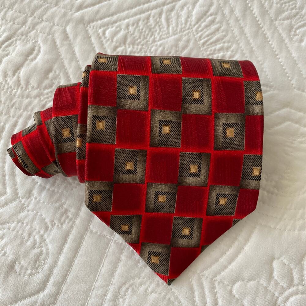 J. Z. Richards Red Geo Squares Printed Silk Tie Made in USA